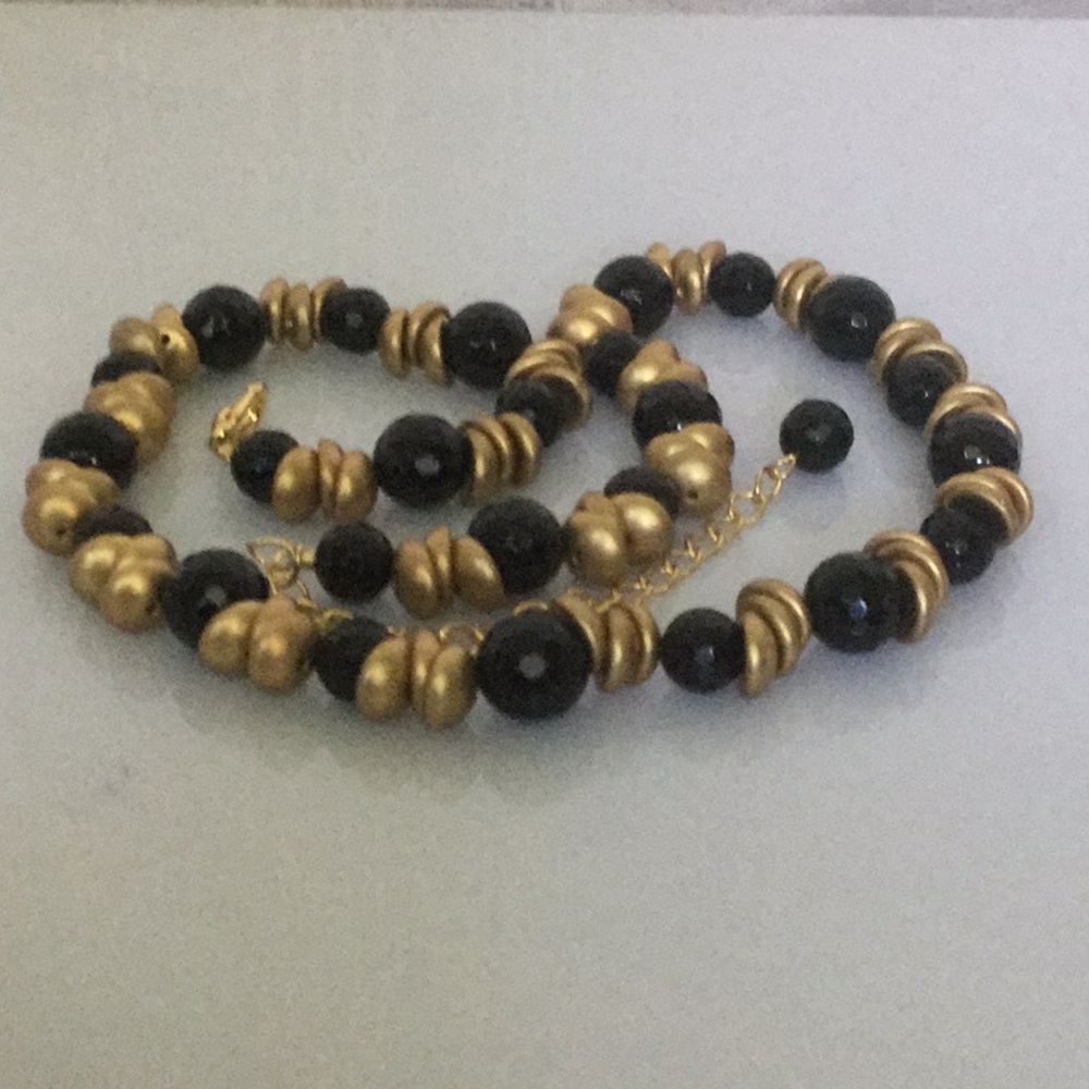 Vtg16”W/3”ExtNecklaceW/Round Faceted Onyx&CzechBds - Picture 5 of 6